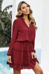 V Neck Long Sleeve Ruffle Tiered Mini Dress-Dresses-MomFashion