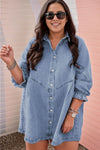 Light Blue Ruffled 3/4 Sleeve Buttoned Front Plus Size Denim Dress-Plus Size-MomFashion