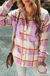 Purple Corduroy Pockets Brushed Checkered Shacket-Outerwear-MomFashion