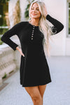 Black Solid Long Sleeve Henley Dress-Dresses-MomFashion