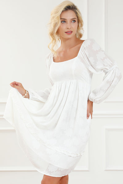 White Jacquard Square Neck Bubble Sleeve Dress-Dresses-MomFashion