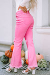 Pink Vintage High Waist Flare Leg Ripped Raw Hem Jeans-Bottoms-MomFashion