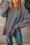 Gray Drop Shoulder Ribbed Trim Oversized Sweatshirt-Tops-MomFashion