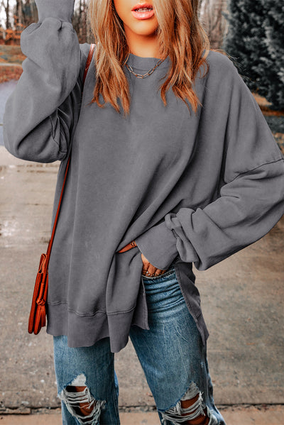 Gray Drop Shoulder Ribbed Trim Oversized Sweatshirt-Tops-MomFashion