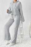 Gray Ribbed Knit Slouchy Hoodie Wide Leg Pants Set-Loungewear-MomFashion