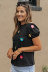 Black Embroidered Flower Short Puff Sleeve Tee-Tops-MomFashion