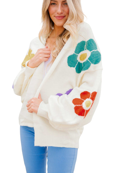 White Flower Jacquared Bubble Sleeve Open Cardigan-Tops-MomFashion