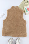 Khaki Snap Button Pocketed Sherpa Vest Jacket-Outerwear-MomFashion