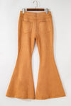 Brown Exposed Seam Flare Suede Pants with Pockets-Bottoms-MomFashion