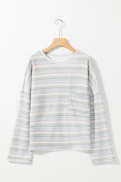 Multicolour Striped Drop Shoulder Loose Long Sleeve Knit Top-Tops-MomFashion