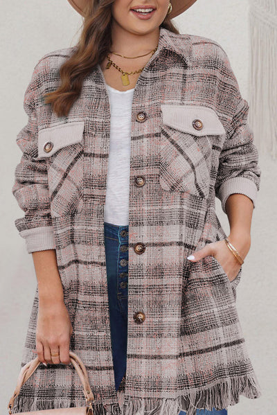 Pink Plus Size Macrame Plaid Coat-Plus Size-MomFashion