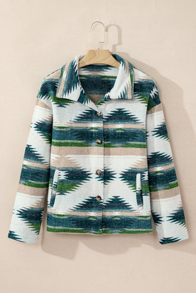 Blackish Green Aztec Print Button Up Long Sleeve Jacket-Outerwear-MomFashion