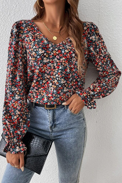 Fiery Red V Cut Lace Patch Tie-up Ruffled Puff Sleeve Floral Blouse-Tops-MomFashion