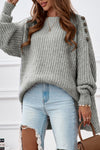 Gray Buttoned Drop Shoulder Oversized Sweater-Tops-MomFashion