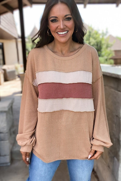 Light French Beige Colorblock Rib Corded Sweatshirt-Tops-MomFashion