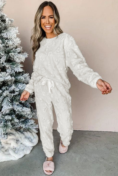 Light Grey Leopard Textured Loose Fit Fleece Lounge Set-Loungewear & Sleepwear/Loungewear-MomFashion