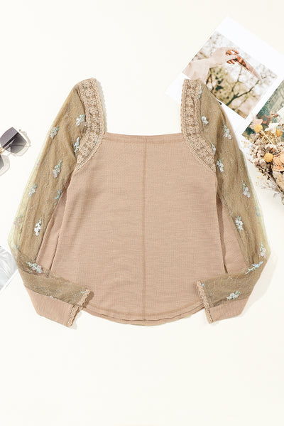 Light French Beige Floral Gauze Sleeve Patchwork Ribbed Knit Top-Tops-MomFashion