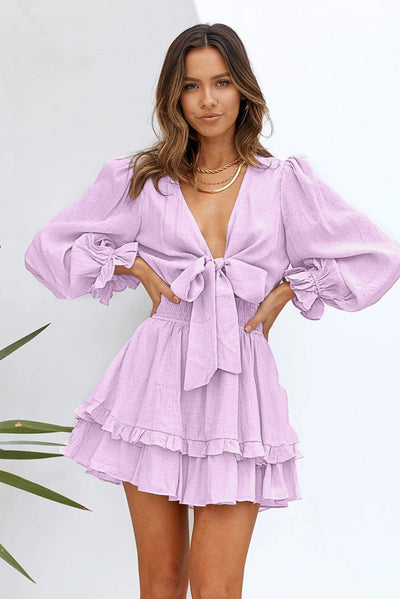 Deep V Neck Lantern Sleeve Knotted Tiered Mini Dress-Dresses-MomFashion