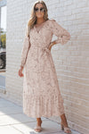 Leopard Surplice Neck Bubble Sleeve Maxi Dress with Sash-Dresses-MomFashion