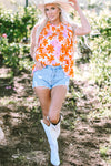 Orange Ruffled Sleeve Smocked Floral Top-Tops-MomFashion