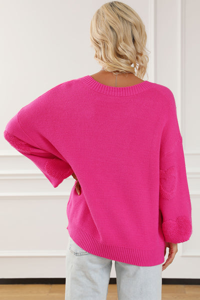 Rose Red Pearl Embellished Fuzzy Hearts V Neck Sweater-Tops-MomFashion