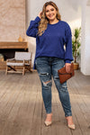 Blue Plus Size Waffle Knit Oversized Exposed Seam Top-Plus Size-MomFashion