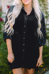 Black Sequin Puff Sleeve Buttoned Velvet Peplum Shirt-Tops-MomFashion