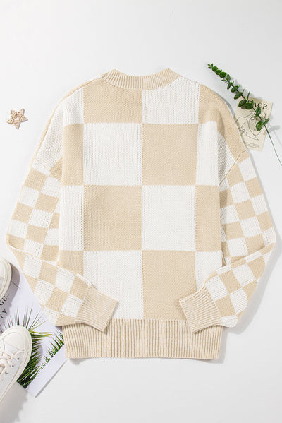 Flaxen Checkered Print Drop Shoulder Sweater-Tops-MomFashion