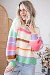 Multicolor Striped Colorblock Drop Shoulder Sweater-Tops-MomFashion