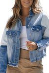 Sky Blue Color Block Denim Patchwork Frayed Hem Jacket-Outerwear-MomFashion