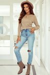 Khaki Ribbed Round Neck Knit Long Sleeve Top-Tops-MomFashion