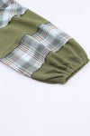 Green Plaid Patch Waffle Knit Exposed Seam Bubble Sleeve Top-Tops-MomFashion