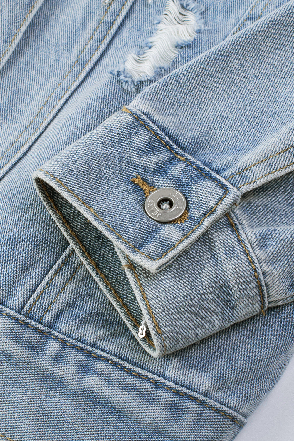 Sky Blue Sequin Embellished Fringe Distressed Denim Jacket-Outerwear-MomFashion