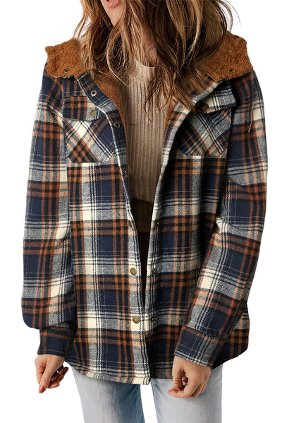 Plaid Pattern Sherpa Lined Hooded Shacket-Outerwear-MomFashion