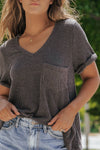 Carbon Grey Twist Short Sleeve Corded V Neck Top-Tops-MomFashion