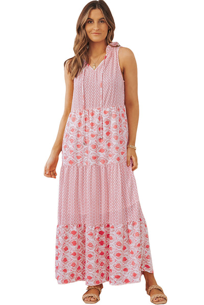 Pink Abstract Print Split Neck Sleeveless Maxi Dress-Dresses-MomFashion