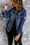 Blue Lapel Distressed Raw Hem Buttons Denim Jacket-Outerwear-MomFashion