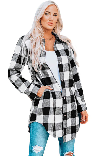 Black Turn-down Collar Plaid Shirt Coat-Outerwear-MomFashion