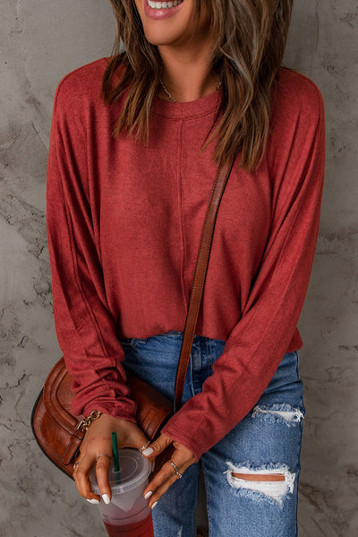 Red Solid Color Patchwork Long Sleeve Top-Tops-MomFashion