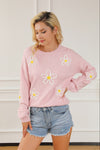 Pink Chenille Daisy Stitching Crew Neck Sweater-Tops-MomFashion