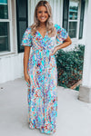 Green Wrap V Neck Floral Maxi Dress-Dresses-MomFashion