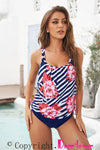 Blue Floral Printed Lined Tankini Swimsuit-Swimwear-MomFashion