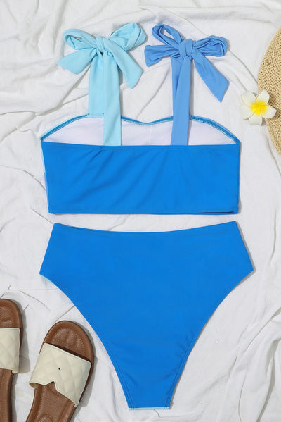 Sky Blue Ombre Color Block Tie Shoulder Bikini High Waist Swimsuit-Swimwear-MomFashion