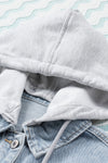 Sky Blue Button Closure Ripped Hooded Denim Jacket-Outerwear-MomFashion