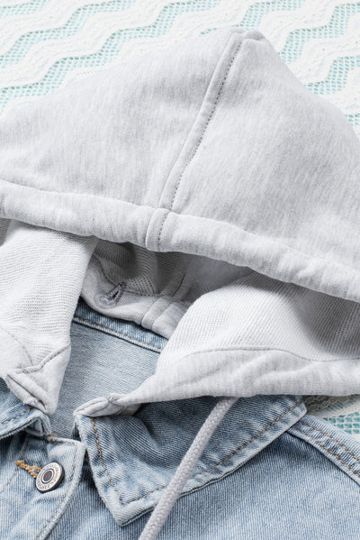 Sky Blue Button Closure Ripped Hooded Denim Jacket-Outerwear-MomFashion