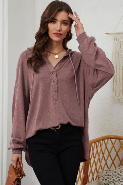 Buttoned High and Low Hem Hoodie-Tops-MomFashion