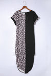 Black Contrast Solid Leopard Short Sleeve T-shirt Dress with Slits-Dresses-MomFashion