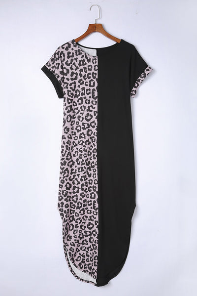 Black Contrast Solid Leopard Short Sleeve T-shirt Dress with Slits-Dresses-MomFashion