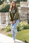 Green Embroidered Split Neck Pleated Loose Blouse-Tops-MomFashion