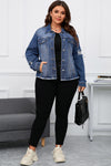 Dark Blue Plus Size Distressed Flap Pocket Denim Jacket-Plus Size-MomFashion